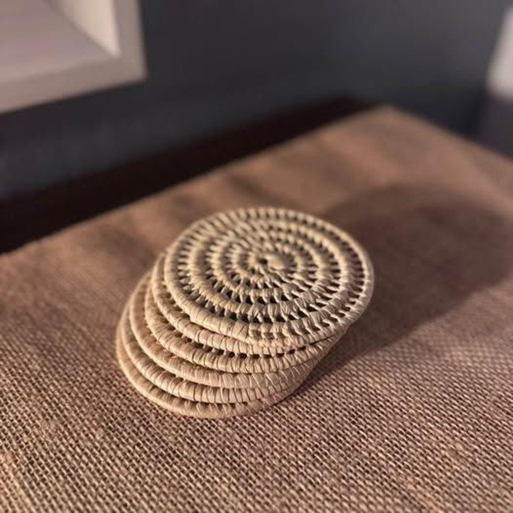 Boho Whitewashed Woven Rattan Coasters Set of 6 Round Drink Table Decor